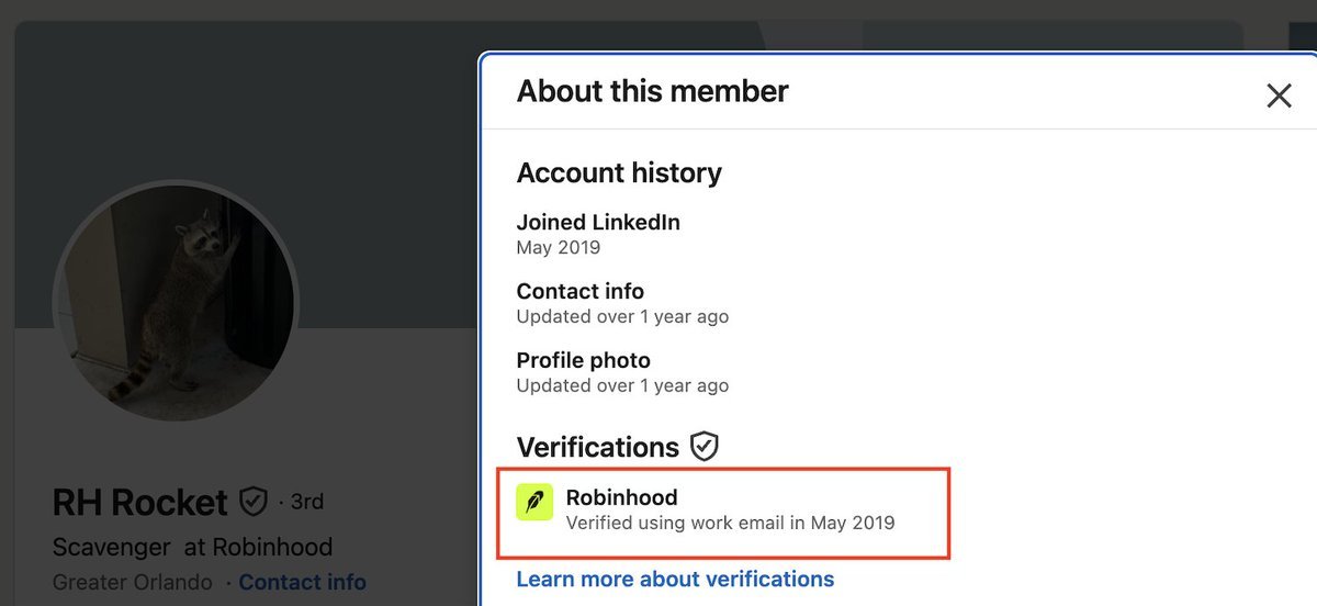 Screenshot of LinkedIn verification panel: Robinhood, verified using work email in May 2019